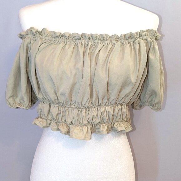 Love Tree | 100% Tencel Light Sage Green Off Shoulder Crop Top | Size Medium - Picture 2 of 10